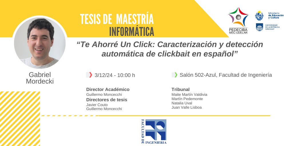 Defensa de tesis de Maestría del Estudiante PEDECIBA Gabriel Mordecki
Martes 03/12 desde las 10:00hs
Salón 502-Azul, FING.

Si la investigación continúa, la ciencia avanza y la sociedad toda se beneficia
#SomosPEDECIBA apoyando el Desarrollo de las #CienciasBásicas