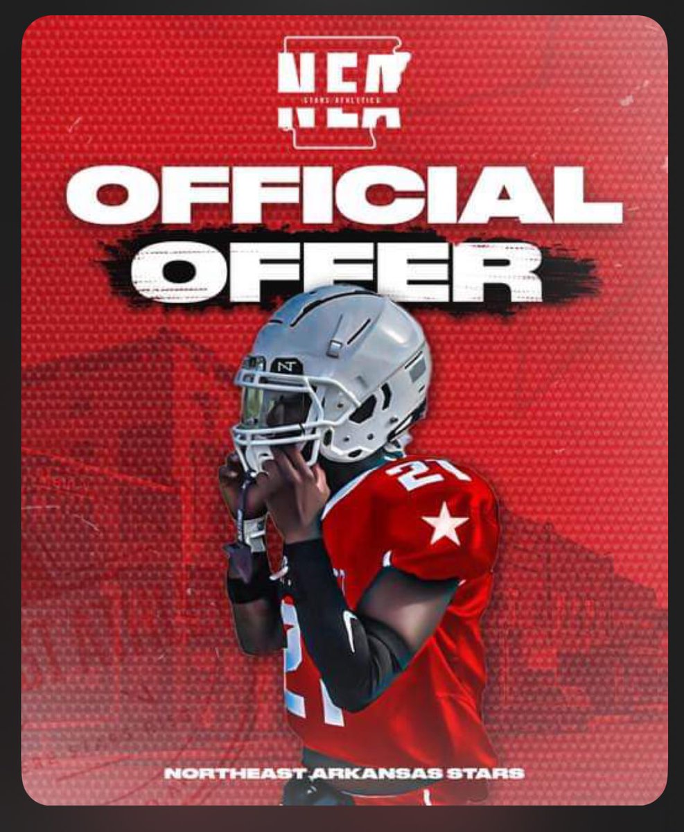 After a talk with Coach Wortham of the Northeastern Arkansas Stars, I am blessed to receive another official offer for football at the next level. 

#GoStars #neastars
<a href="/Coach_JMWard/">Jamie Ward</a> 
<a href="/Cannon_Davis/">Cannon Davis</a> 
<a href="/Coach_Hibbard/">Deryk Hibbard</a>