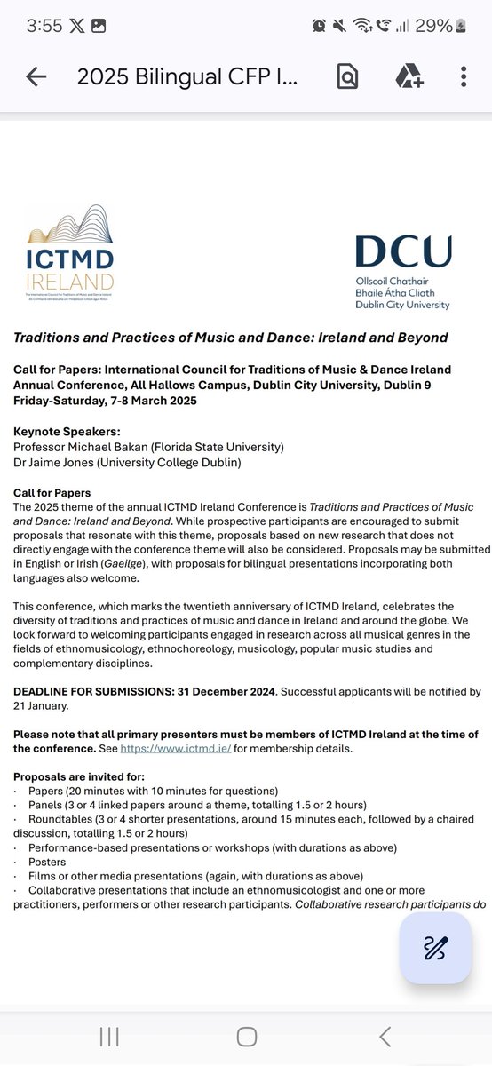 Call for Papers: International Council for Traditions of Music &amp; Dance Ireland Annual Conference, All Hallows Campus, Dublin City University, Dublin 9

Friday-Saturday, 7-8 March 2025