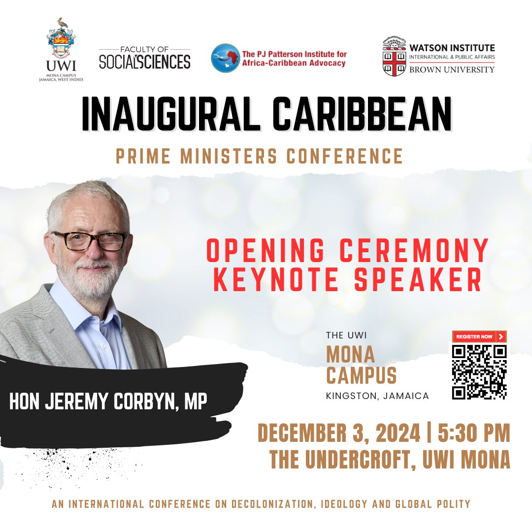 Join us on December 3, 2024, at 5:30 PM for the Opening Ceremony of the Inaugural Caribbean Prime Ministers Conference focusing on the life and legacy of Michael Manley! 
Registration is OPEN: forms.office.com/r/tsDWPMj0qx 
#MichaelManleyCentennial #JeremyCorbyn #UWI