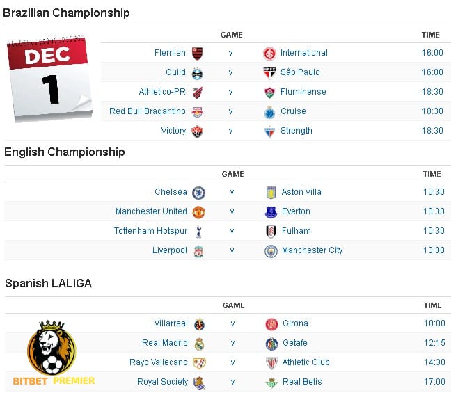 These are some games scheduled for December 1st. There are some great betting opportunities! 😏💸
🌎linktr.ee/premierbitbet

#CryptoBetting #BitcoinSportsBetting #BettingTips #SportsBetting #OnlineBetting #FootballBetting <a href="/bitbet/">bethanica susmanda</a>