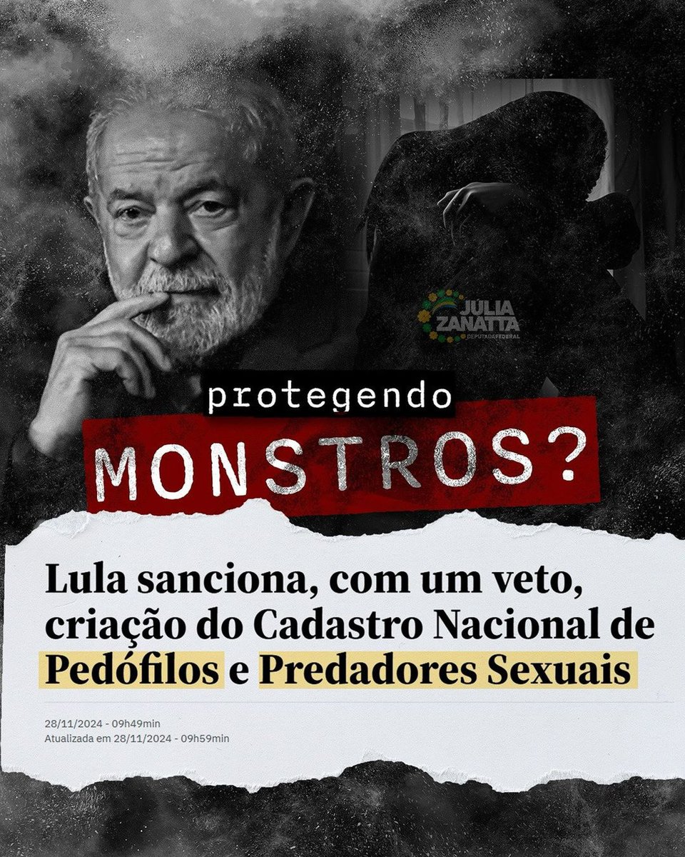 apropriajulia's tweet photo. 🚨 ABSURDO – Lula veta parte do Cadastro Nacional de Pedófilos e protege direitos de criminosos

Lula barrou parte do cadastro alegando “dignidade e intimidade” dos pedófilos. E as vítimas? Condenadas ao trauma e ao descaso do Estado. Revoltante!

Essa decisão é mais um exemplo do desgoverno Lula, onde bandidos são tratados com privilégios e as nossas crianças ficam desprotegidas. Defender a dignidade de pedófilos, os piores criminosos que existem, é um tapa na cara de todas as famílias brasileiras. Quem deveria proteger as crianças está, na prática, protegendo os predadores.