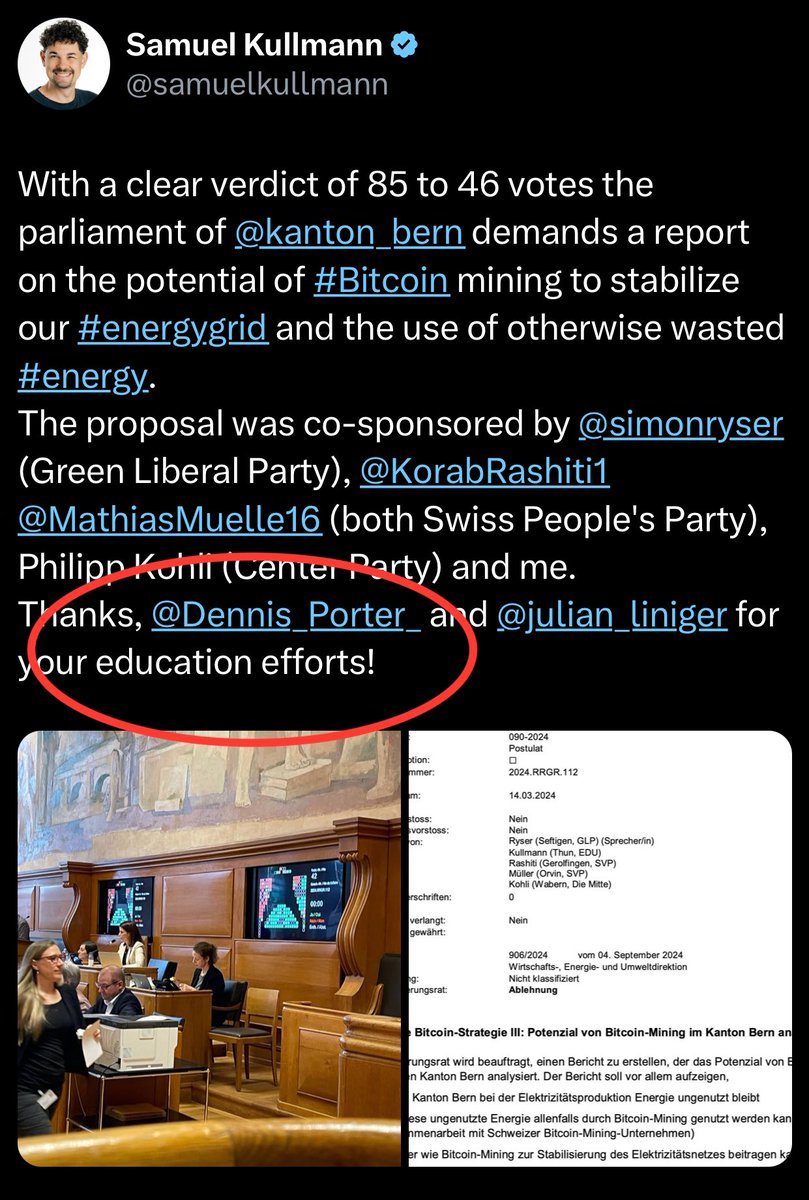 Dennis_Porter_'s tweet image. Lawmakers in Switzerland passed legislation to study Bitcoin mining at the Canton level (similar to state level in the USA).

A testament to working from the bottom up. Proud to endorse this effort in Switzerland. I look forward to continuing to support efforts in Europe. 🇺🇸 🤝🇨🇭