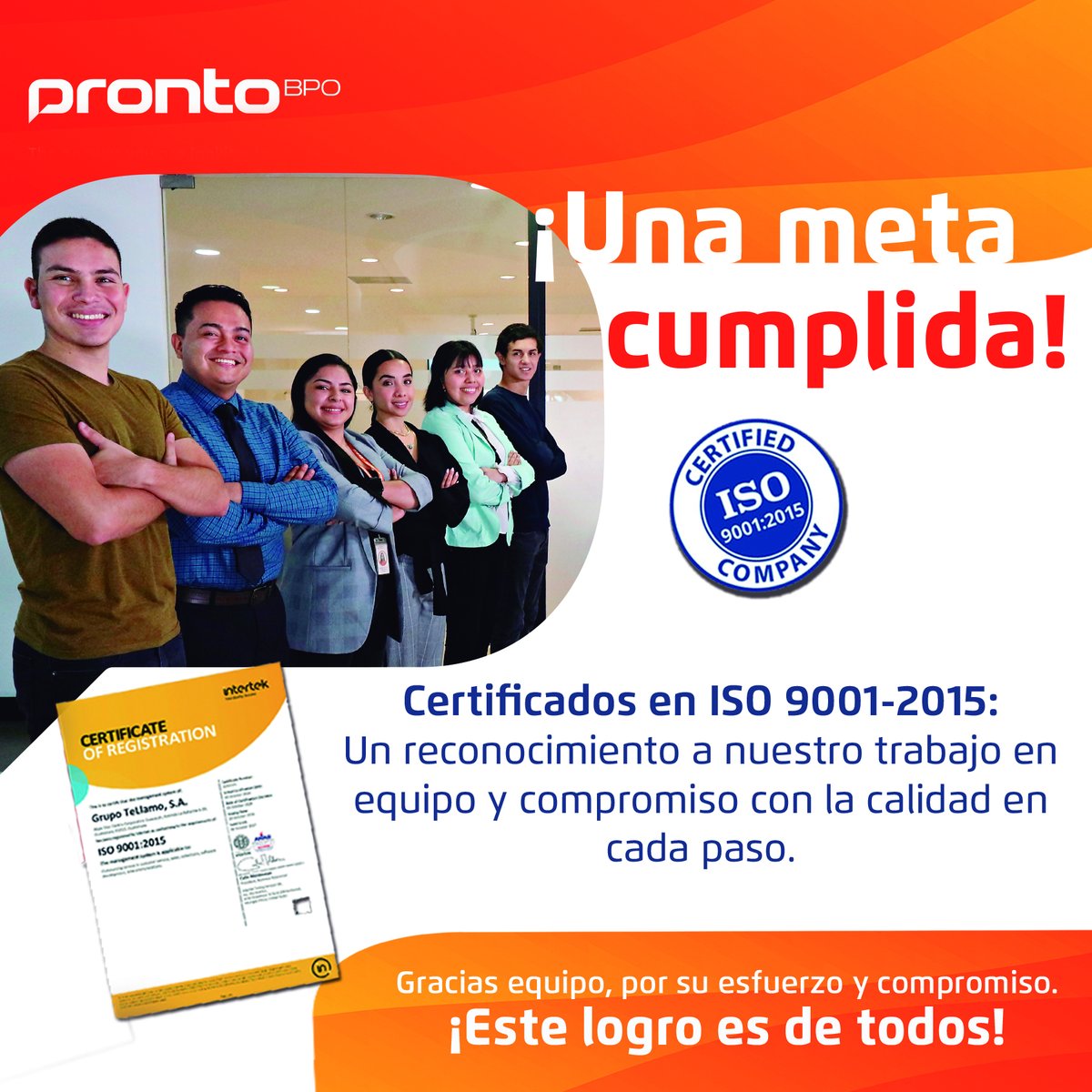 ProntoBpo's tweet photo. 🎉 ¡Hemos obtenido la certificación ISO 9001:2015! Este logro refleja nuestro compromiso con la calidad, la mejora continua y la excelencia en nuestros servicios. Gracias a todo el equipo por hacerlo posible.

#ISO9001 #Calidad #MejoraContinua #Excelencia https://t.co/zxfhNFZlXz
