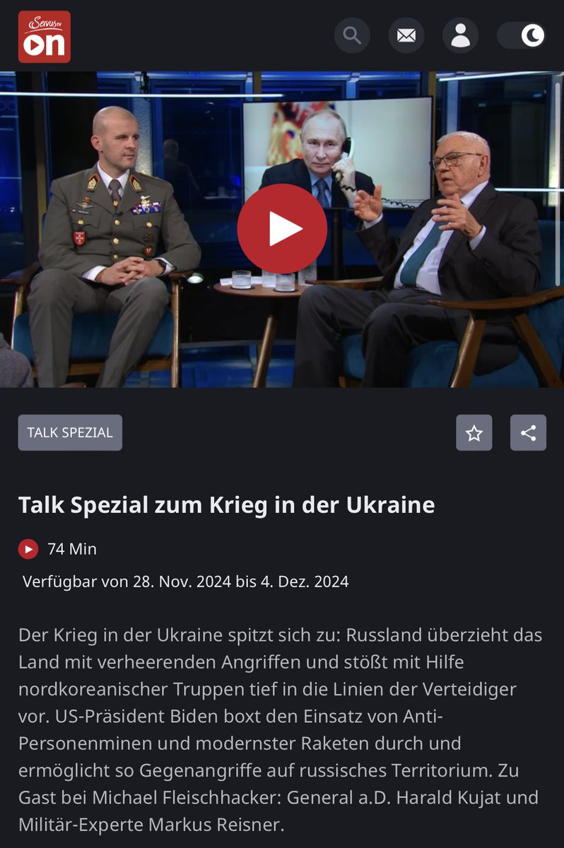Gespräch zum Ukrainekrieg, wie ich es im deutschen TV kaum kenne. In der Substanz nicht. Die Spitzenmilitärs Kujat (Generalinspekteur und NATO-General a.D.) und Reisner (Bundesheer Österr.) interessante 74 Min. Leicht kontrovers mit recht klarer Aussicht. servustv.com/aktuelles/v/aa…