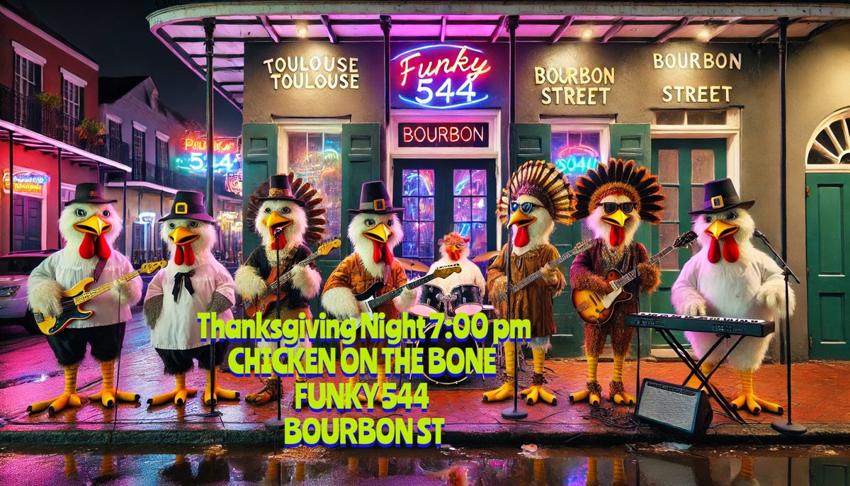 chickenOTB's tweet image. Today, your weekend starts! 🦃 It’s Thanksgiving, 
Chicken on the Bone takes the stage at 7:00 pm tonight at the Funky 544, 544 Bourbon St.⁠
#ChickenOnTheBone #Funky544 #ThanksgivingNight #LiveMusic #BourbonStreet #NOLA #GoodTimes #DayDrinking #MardiGrasDrunk