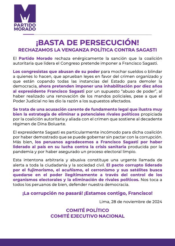 Rechazamos el pacto mafioso del Congreso que busca a como de lugar inhabilitar al presidente Francisco Sagasti con acusaciones sin fundamento. Convocamos a los peruanos a defender su legado y construir una propuesta patriótica que enfrente a las mafias políticas que nos gobiernan