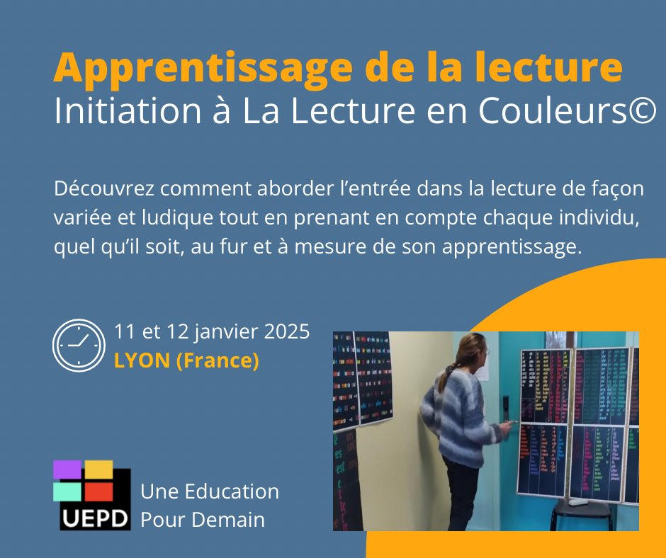 UEPD's tweet photo. Notre prochain stage La Lecture en Couleurs© - Weekend des 11 &amp; 12 janvier 2025 - LYON
Encore un mois pour vous inscrire !
Découvrez comment aborder l’entrée dans la lecture de façon variée et ludique
https://t.co/0sEOy3pybK https://t.co/Yj7tyKAMYn