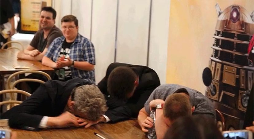 Casual Who fans and part-time creatives Peter Capaldi, Steven Moffat and Mark Gatiss come third in a Doctor Who quiz. (2015)