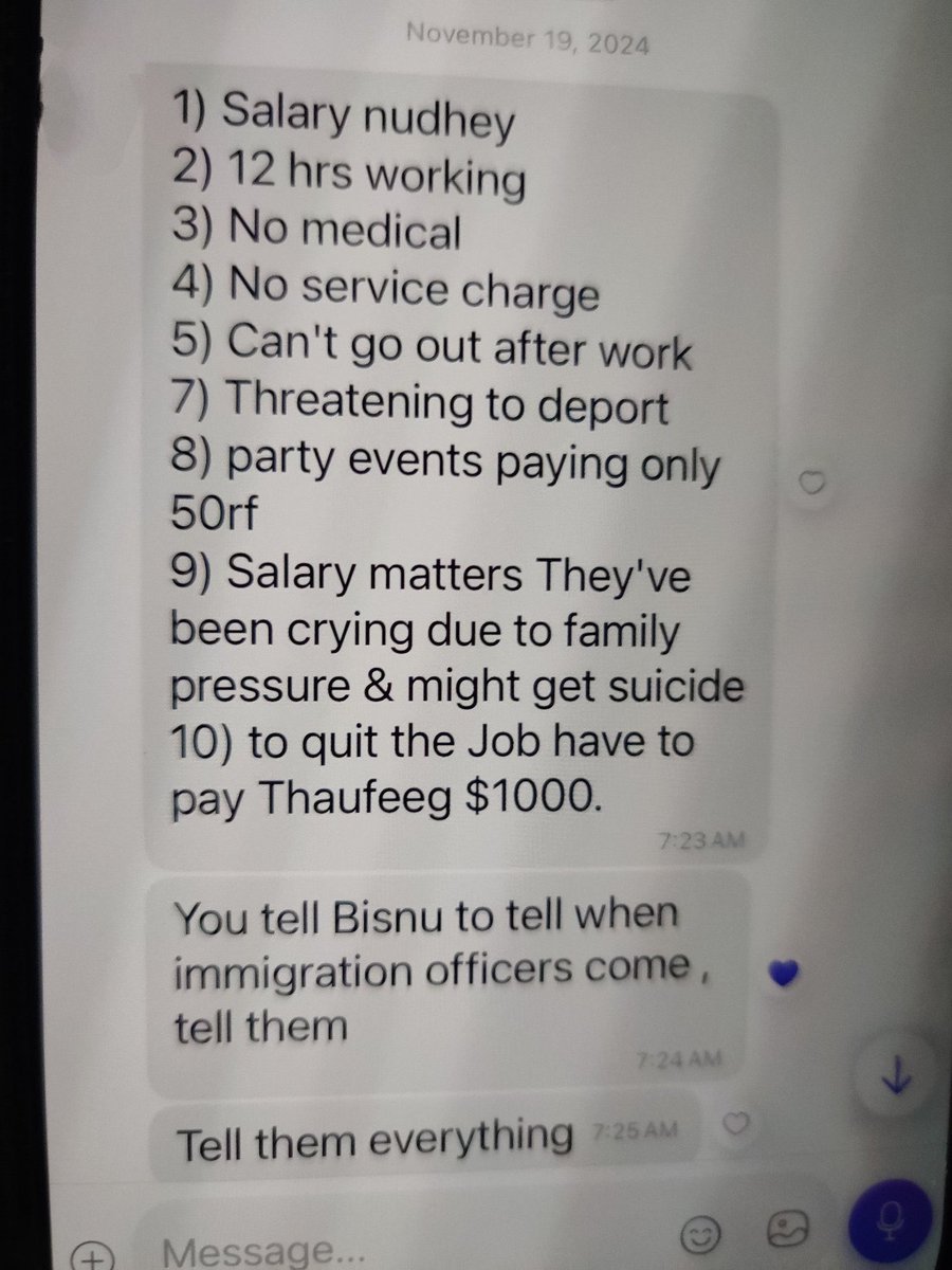 South Thaufeeq hasn’t paid his employees in 6 months.

Some are thinking about committing suicide due to family pressure now.

Thaufeeq is asking for $1000 if they want to leave. Here is a screenshot.

This is serious. <a href="/ShamaanW/">Mohamed Shamaan Waheed</a> <a href="/min_mohst/">Minister of Homeland Security, Labour & Technology</a> <a href="/PoliceMv/">Maldives Police</a> <a href="/Official_LRAmv/">Labour Relations Authority</a>