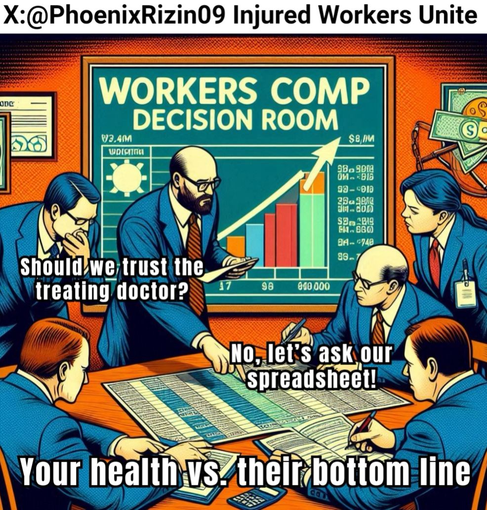 PhoenixRizin09's tweet photo. This meme reflects the harsh truth that many workers face !  It’s time we push for a change that puts the health &amp; dignity of injured workers first! 🏥💼 When will the system prioritize people over profit? #InjuredWorkers #WorkersRights #HealthcareNotProfits #JusticeForWorkers https://t.co/NKELPuTyvD