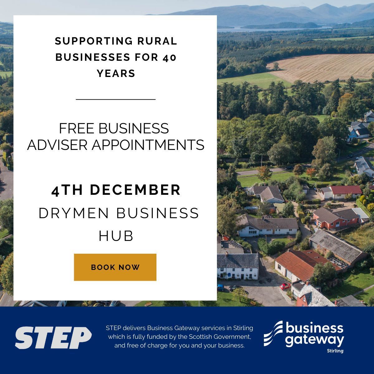 Calling all Drymen businesses! 📍 It’s your chance to discuss business planning, marketing, funding, growth, or HR needs.

Book your 60-minute one-to-one session with our Business Support Adviser today! 👉 buff.ly/4amfSVy 
#BusinessSupport #Stirling #Business #STEP