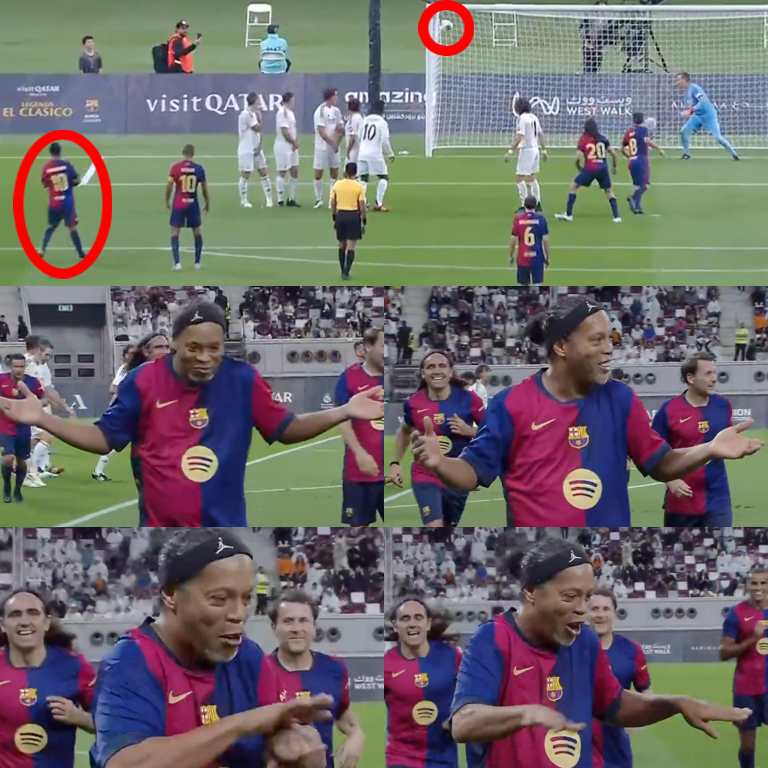 InvictosSomos's tweet photo. Ronaldinho Gaúcho jugó El Clásico de Leyendas en Qatar. ¿Y qué creen que pasó? Sí, el genio brasileño le volvió a marcar un GOLAZO ÉPICO al Real Madrid. El de siempre les hizo lo de siempre. Su celebración lo dice absolutamente todo. Otra vez atendiendo al Real Madrid. HAY COSAS QUE NUNCA CAMBIAN.