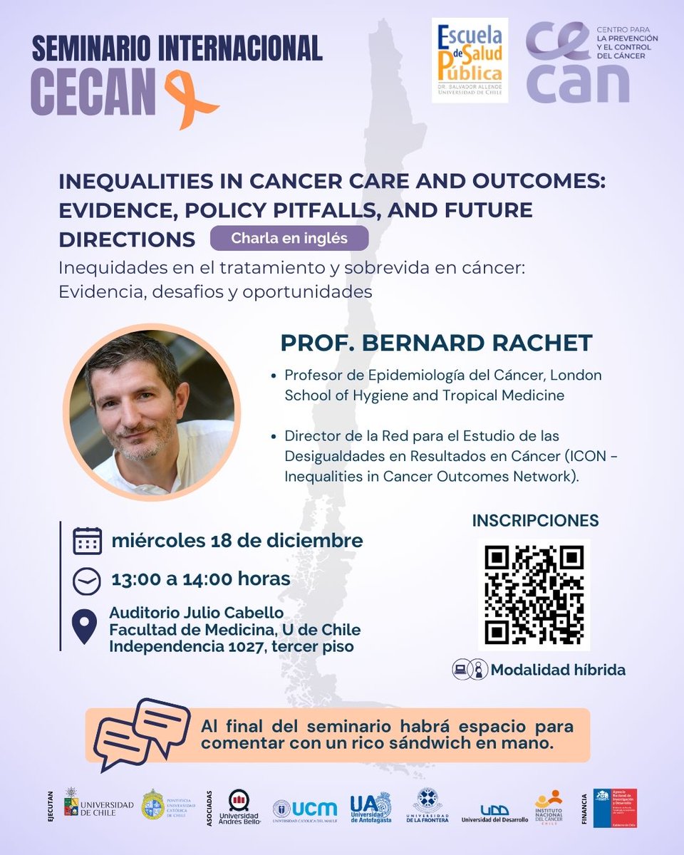 El miércoles 18 de diciembre realizaremos un Seminario internacional y nuestro último Encuentro científico 2024, con la exposición del profesor Bernard Rachet, quien compartirá acerca de inequidad en tratamientos de cáncer y sobrevida

Inscripciones aquí: lnkd.in/drY-69QG