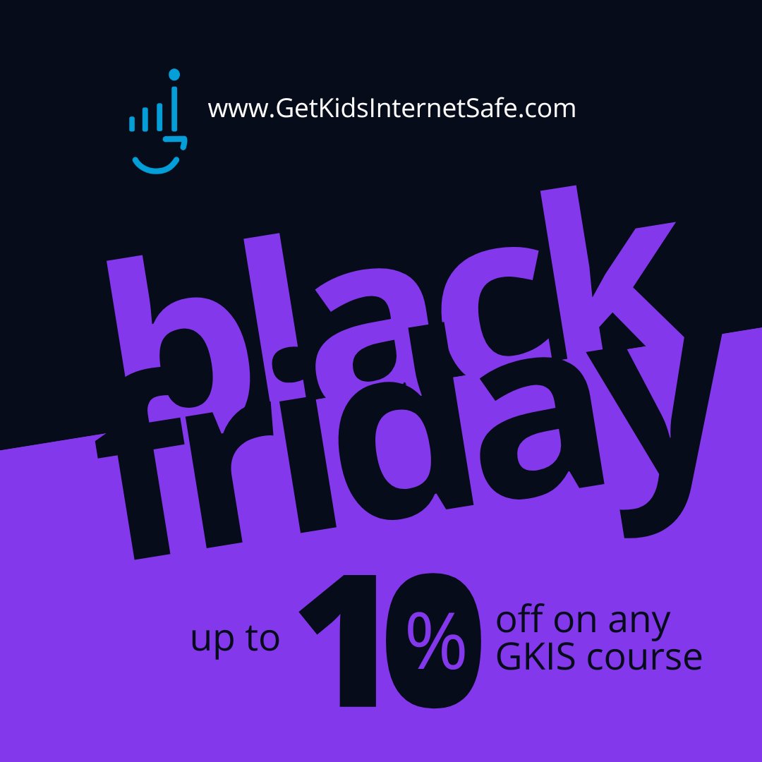 ALL WEEK BLACK FRIDAY 10% DISCOUNT ON ANY GKIS COURSE! Just enter the coupon code *GKIS10 until midnight CyberMonday. Tell your friends!
GetKidsInternetSafe.com #coupon #blackfriday #blackfridaydeals #parenting #kids #teens #teachers #mentalhealth #screensafety  #internetsafety