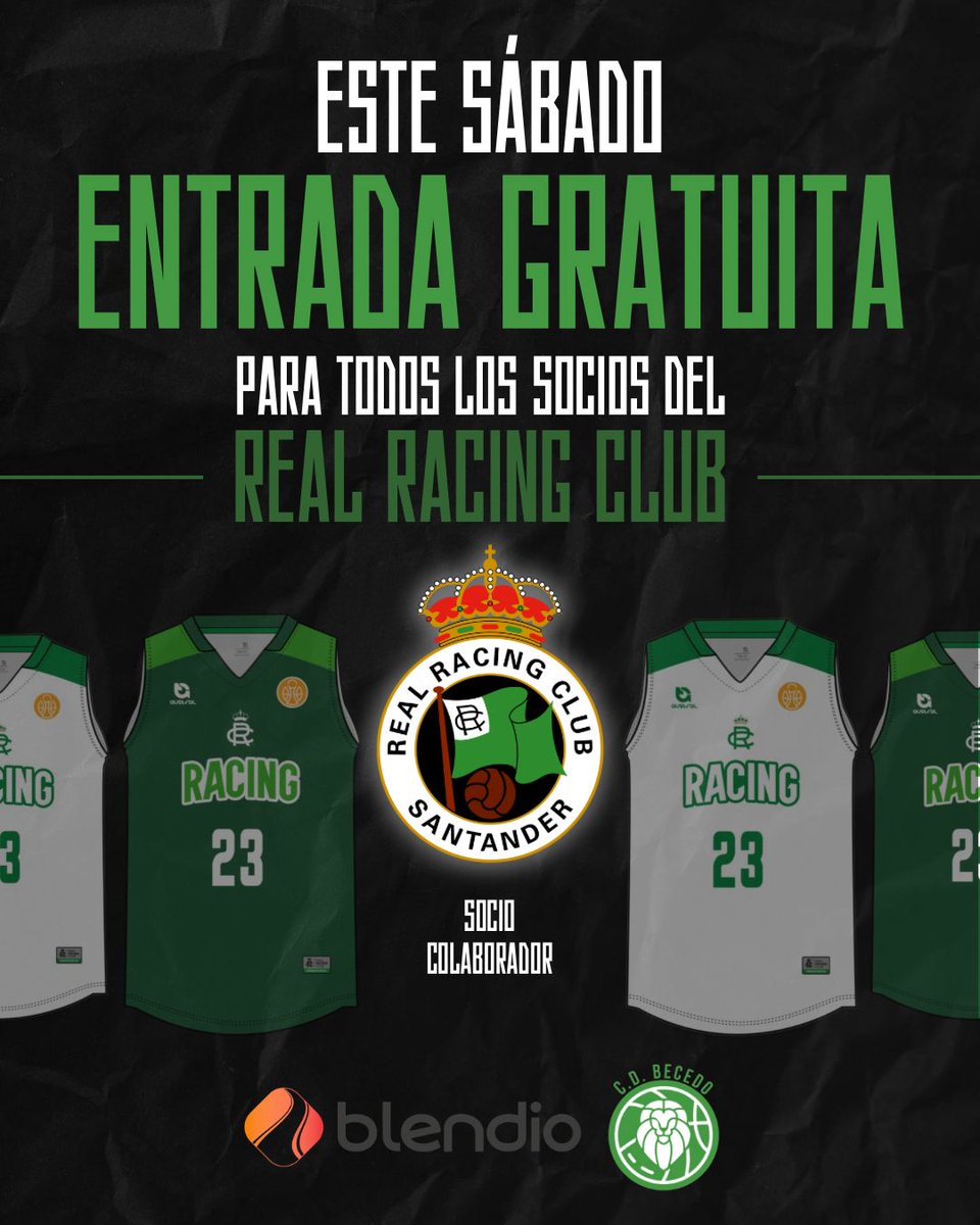Te lanzamos esta propuesta en verdiblanco para el sábado 💚🤍

➡️🏀 16:30: Blendio - Iruki Take (Palacio de Deportes 🏟️)
➡️⚽ 18:30: Racing - Mirandés.

⚠️ Por ello, de MANERA EXCEPCIONAL, todos los abonados del Real Racing Club podrán acceder GRATUITAMENTE presentando el carnet.