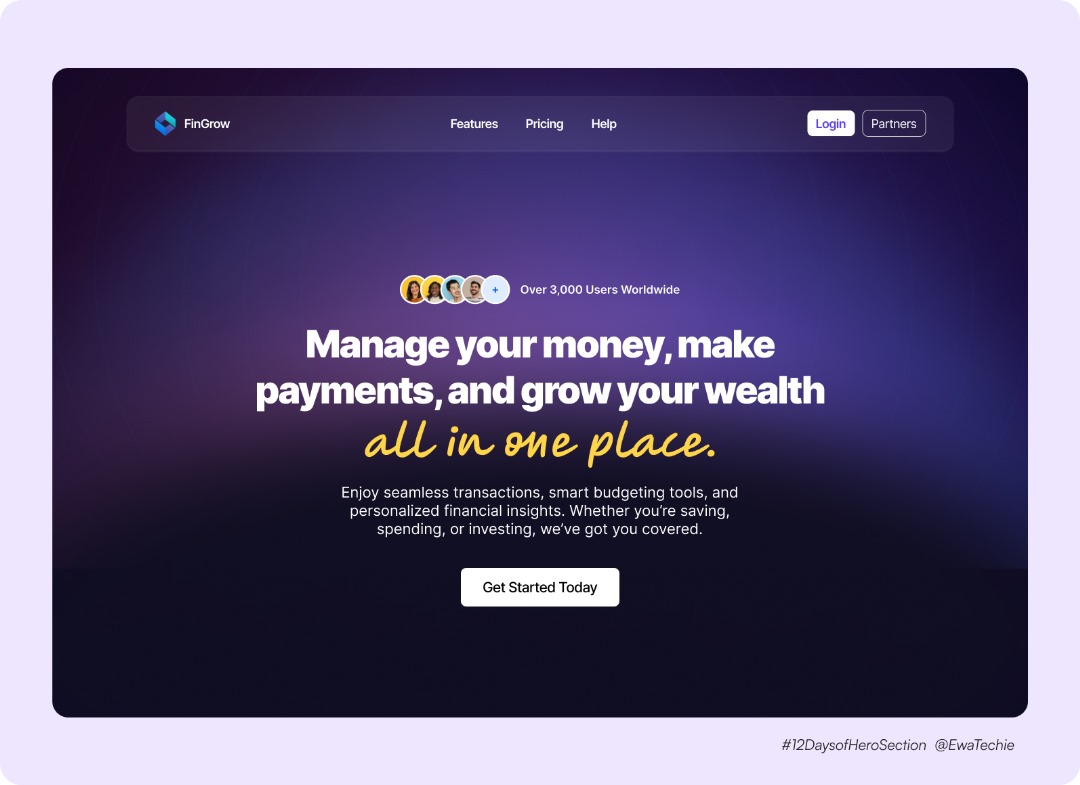 EwaTechie's tweet photo. Day 4 of my #12DaysofHeroSection! 💸 Today, I designed the hero section for a FinTech website that simplifies managing money, making payments, and growing wealth—all in one platform. 🚀✨ #UIDesign #UXDesign #FinTech #DailyUI #DesignChallenge https://t.co/mTxNJ6MBY7