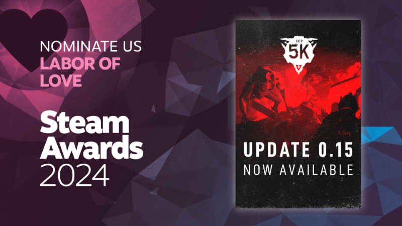 We are very excited to announce that SCP: 5K is eligible to be nominated for this year's "Labor Of Love" category in the Steam Awards!

If you have enjoyed playing SCP: 5K and watching it progress, please consider nominating us!

store.steampowered.com/news/app/87267…

#scp #scp5k #affrayco