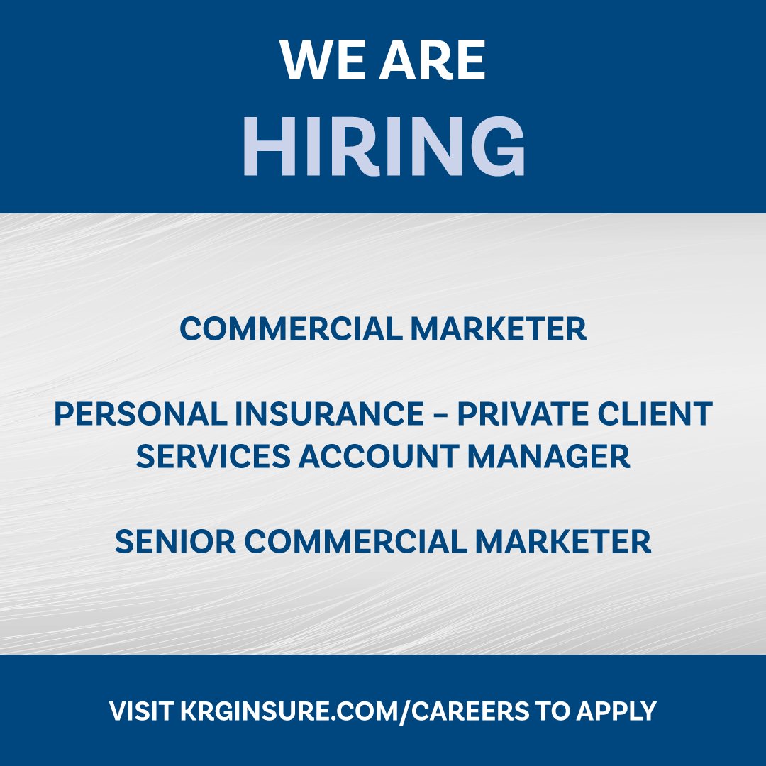 KRGinsure's tweet photo. We are #hiring for the following positions:

Commercial Marketer: https://t.co/VBnh315ef9

Personal Insurance - Private Client Services Account Manager: https://t.co/23YWkPG3SQ

Senior Commercial Marketer: https://t.co/xnMxsK2FNO

Interested? Give us a shout!

#wearehiring https://t.co/T51DCYrGAS