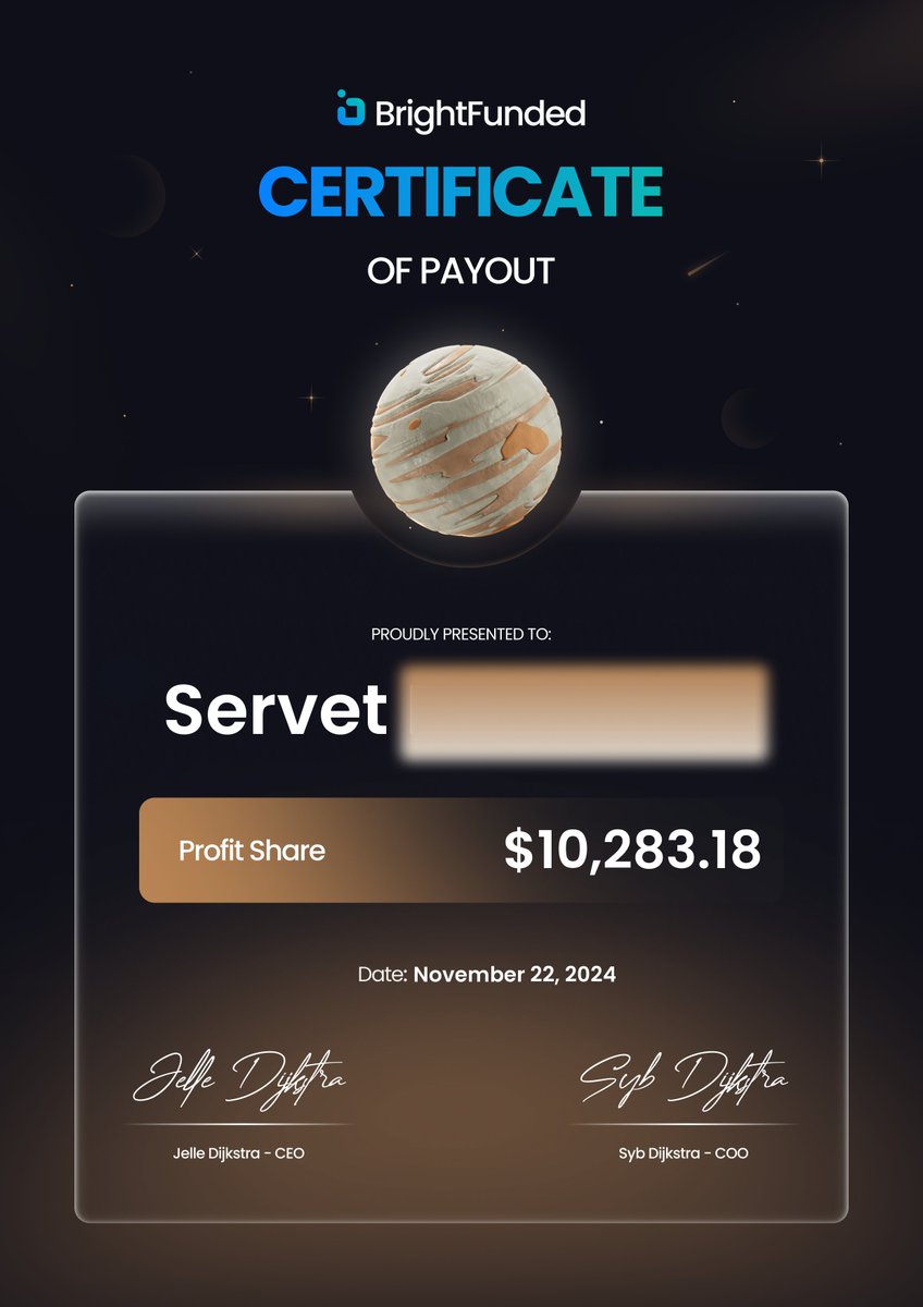 BrightFunded's tweet photo. Happy New Month, Traders!

Our Funded Stars smashed it in November.

A few 5 figure Payouts, as well as impressive percentage returns on smaller accounts.

Swipe to see some of the largest Payouts from last month 💸

Here’s to a successful December! https://t.co/lSGX9qxjOP