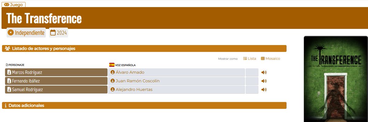 Kuraishisama's tweet image. Ya están publicadas todas las fichas actuales de los actores de voz de #TheTransference 👀

- Actualizada la de @AlvaroAav
- Creadas las de Juan Ramón y Alejandro 🙌

Gracias a @DoblajeVJuegos por las gestiones 👏