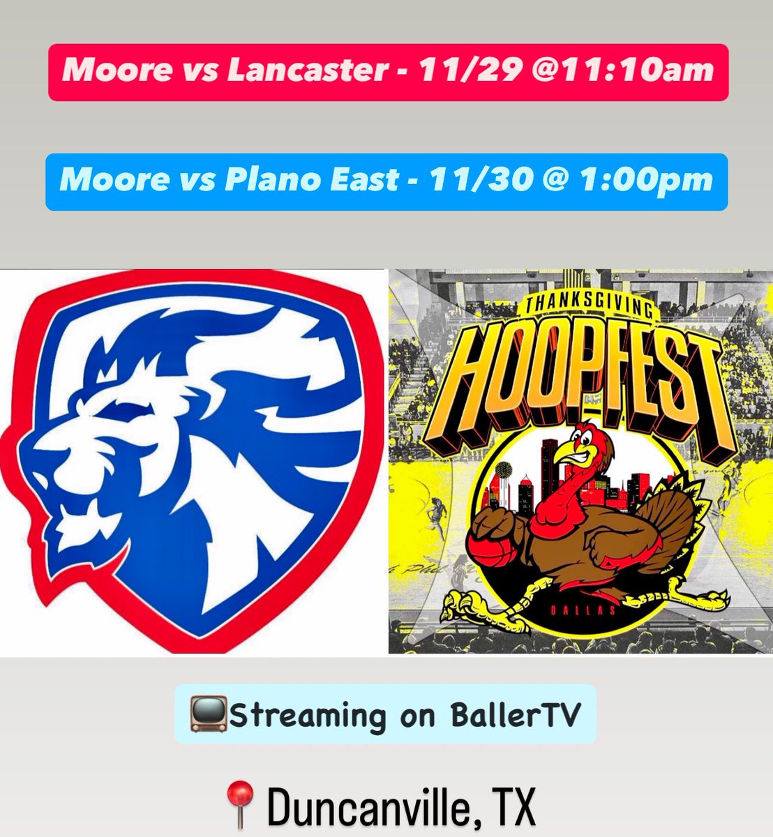 🗣️Moore Lions tip-off the season at Thanksgiving Hoopfest in Duncanville, TX <a href="/Moore_Lions/">Moore High Athletics</a> #1️⃣GOAL 🦁 
basketball.exposureevents.com/232518/event/t…