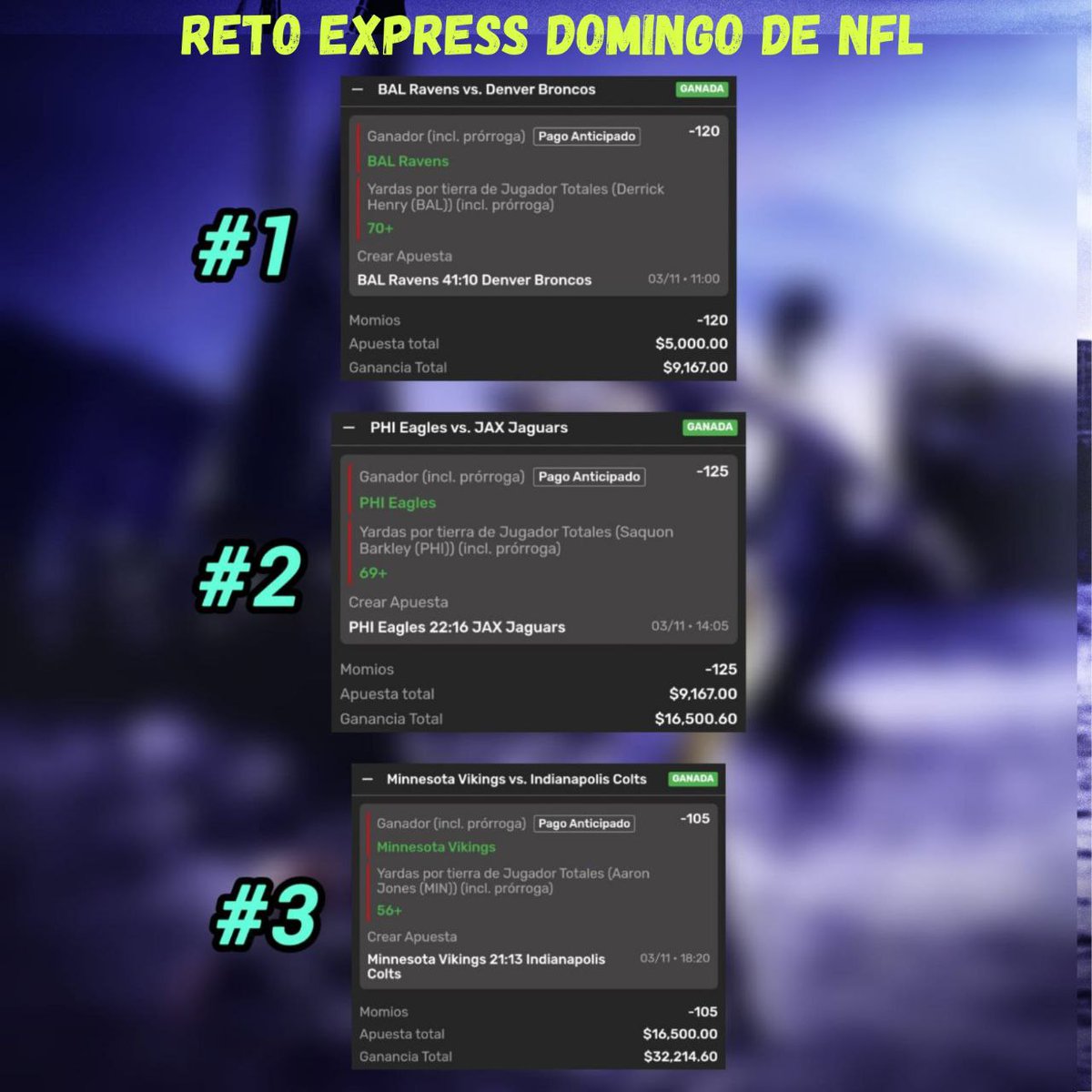 ChapitoApuestas's tweet photo. 🚨| RETO EXPRESS THANKSGIVING 🦃🏈

Chingones, me gustaría hacer un RETO EXPRESS DE THANKSGIVING #NFL 

Sería para ponerle Sabor y divertirnos en este bonito día de Thanksgiving lleno de NFL

Se lo Compartiré ÚNICAMENTE a los Chingones que:
- Comenten 🗨
- Den 🔄❤️

Sería así 👇 https://t.co/vXICxdHew0
