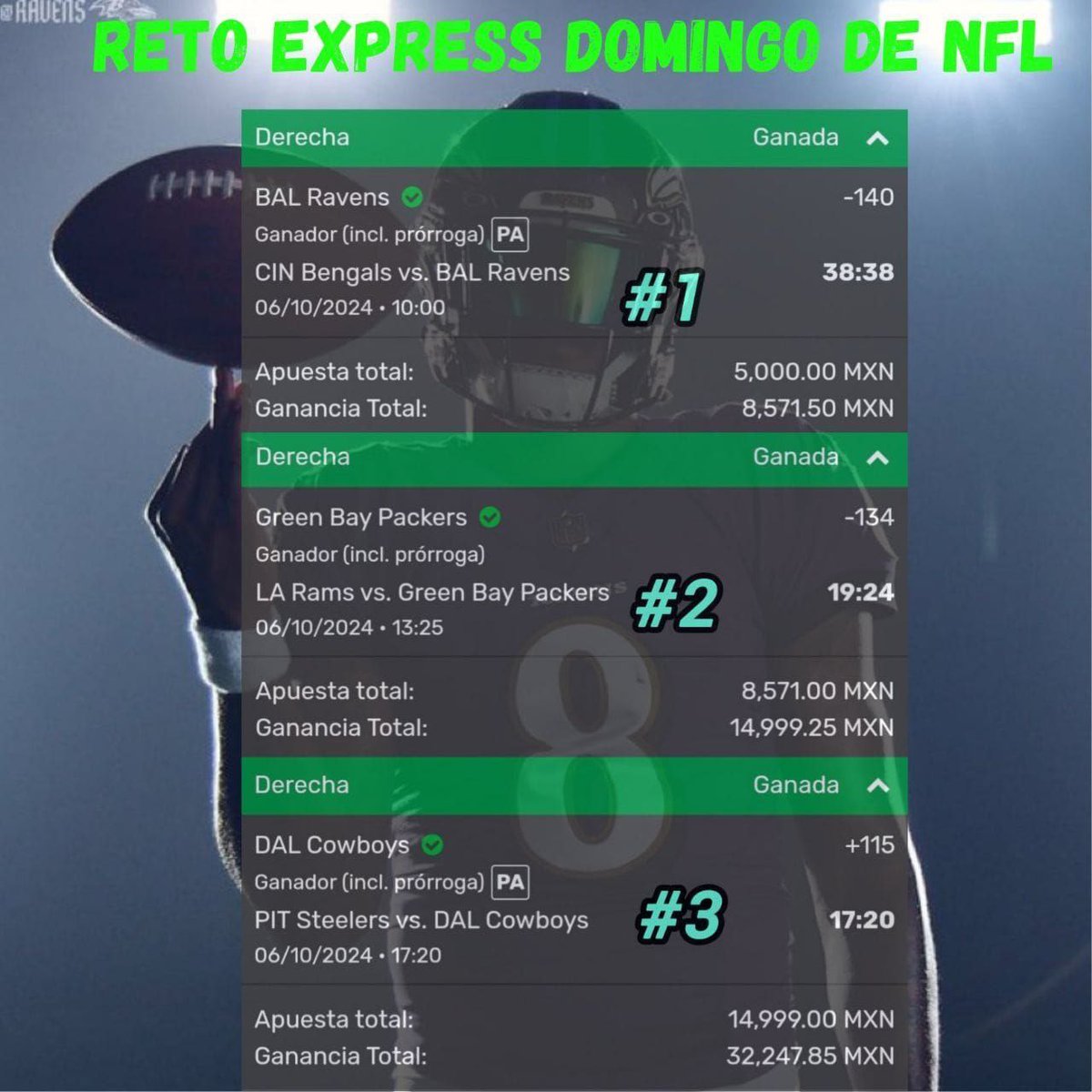 ChapitoApuestas's tweet photo. 🚨| RETO EXPRESS THANKSGIVING 🦃🏈

Chingones, me gustaría hacer un RETO EXPRESS DE THANKSGIVING #NFL 

Sería para ponerle Sabor y divertirnos en este bonito día de Thanksgiving lleno de NFL

Se lo Compartiré ÚNICAMENTE a los Chingones que:
- Comenten 🗨
- Den 🔄❤️

Sería así 👇 https://t.co/vXICxdHew0