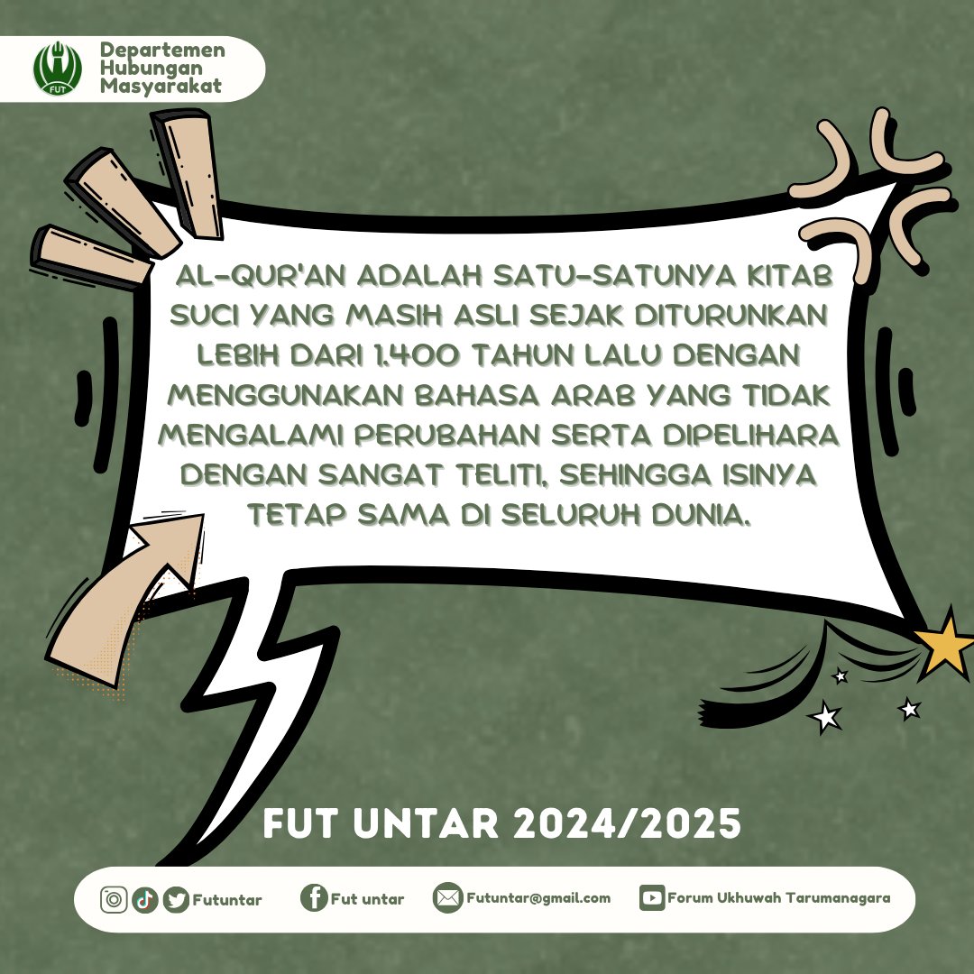 Assalamualaikum FUTers!!

Kalian tau gak sih... kapan Al-Qur'an itu diturunkan? Apakah Al-Qur'an pernah diubah isinya?

Yuk, simak postingan di atas untuk tahu lebih lanjut!

Badan Pengurus Harian
Forum Ukhuwah Tarumanagara
Periode 2024/2025