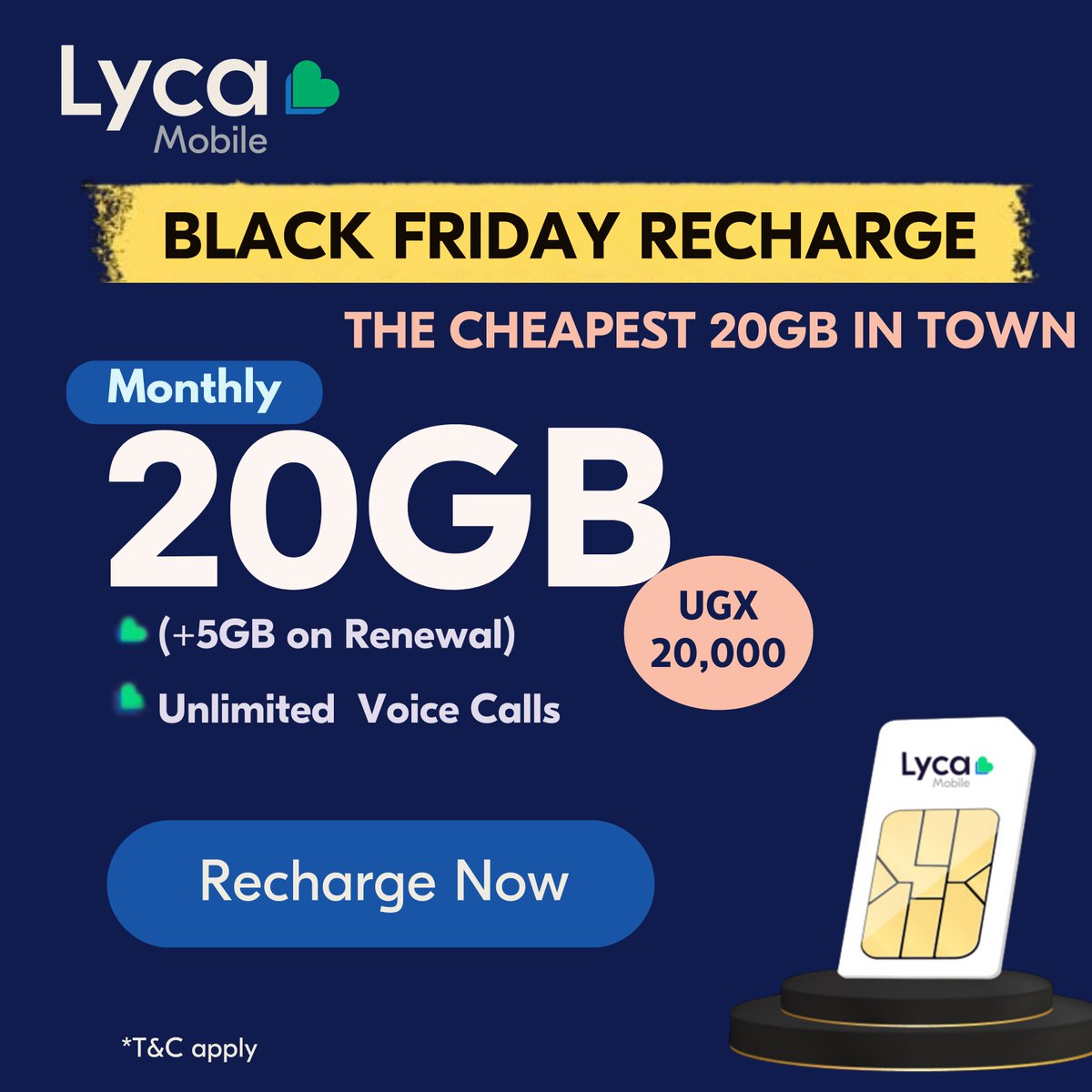 🎉 Black Friday is here with Lyca Mobile! Get 20GB of data for just 20,000 UGX. Surf, stream, and save BIG! Don’t miss out—recharge today! 

#BlackFriday #LycaDeals
