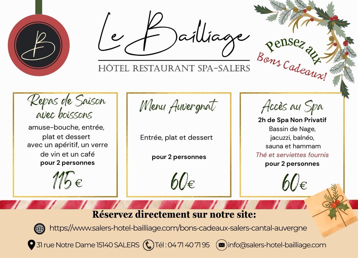 La Réception est à votre disposition du 27 Novembre au 20 Décembre 2024 du Lundi au Samedi de 10h à 13h.

Vous pouvez aussi passer commande sur notre site internet et recevoir votre bon immédiatement par e-mail, onglet "CADEAUX"

04.71.40.71.95
info@salers-hotel-bailliage.com