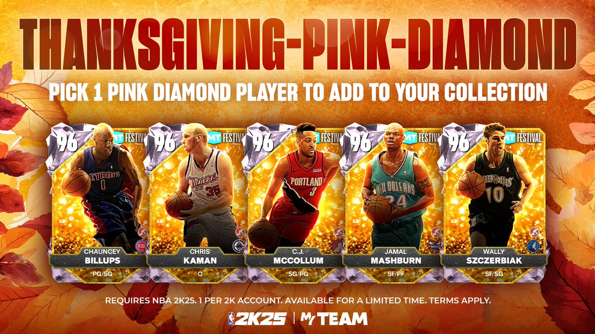 nba2k26_code's tweet photo. 🦃 Happy Thanksgiving! 

We're thankful for our MyTEAM community! Enter this Locker Code to select 1 of these 5 Pink Diamond Player Cards! 🙏

These 5 Pink Diamond players have also been added to MyTEAM!
Retweet and Tap for more Super Packs locker codes 👇
https://t.co/penoVds3SF https://t.co/Bd1v5JeLP7