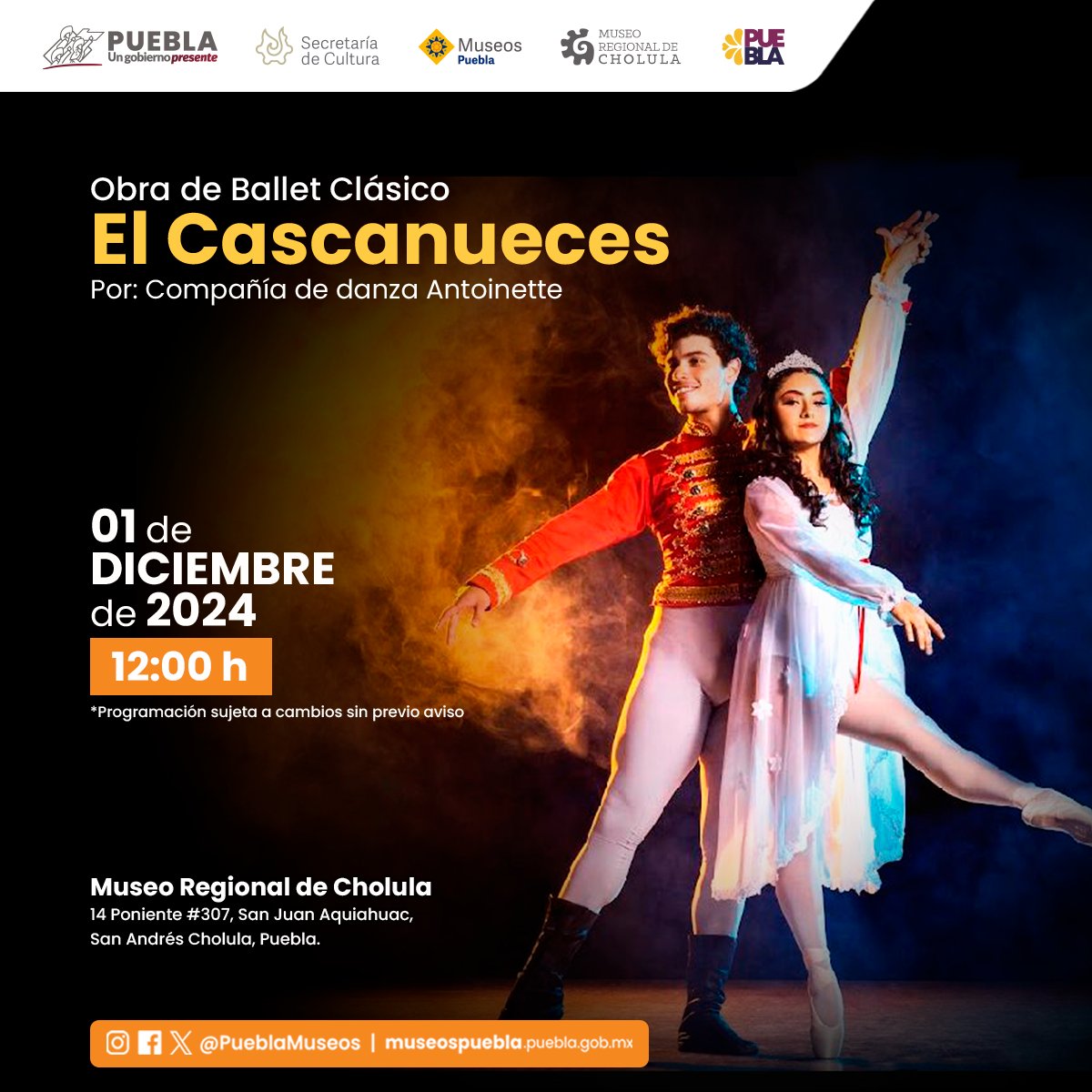 PueblaMuseos's tweet image. La compañía de danza 𝘼𝙣𝙩𝙤𝙞𝙣𝙚𝙩𝙩𝙚 presenta en el lobby del 𝕄𝕦𝕤𝕖𝕠 ℝ𝕖𝕘𝕚𝕠𝕟𝕒𝕝 𝕕𝕖 ℂ𝕙𝕠𝕝𝕦𝕝𝕒 este imperdible navideño el ballet 𝐄𝐥 𝐂𝐚𝐬𝐜𝐚𝐧𝐮𝐞𝐜𝐞𝐬 para toda la familia ¡No faltes! 
📅 1 de diciembre
🕰️ 12:00 h
#MuseosPuebla
#Antoinette 
#Cascanueces