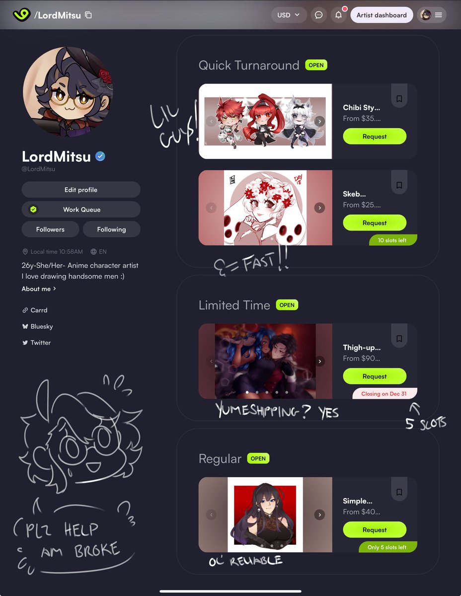 Hi there! My name is Mitsu and I have art commissions open!

✨Chibis 35 USD
✨Sketch 25 USD
✨Simple 40 USD

‼️Limited time Full Render 90 USD‼️

DM me for questions!
Request here: vgen.co/LordMitsu

Shares/repost HIGHLY APPRECIATED!💖💖💖