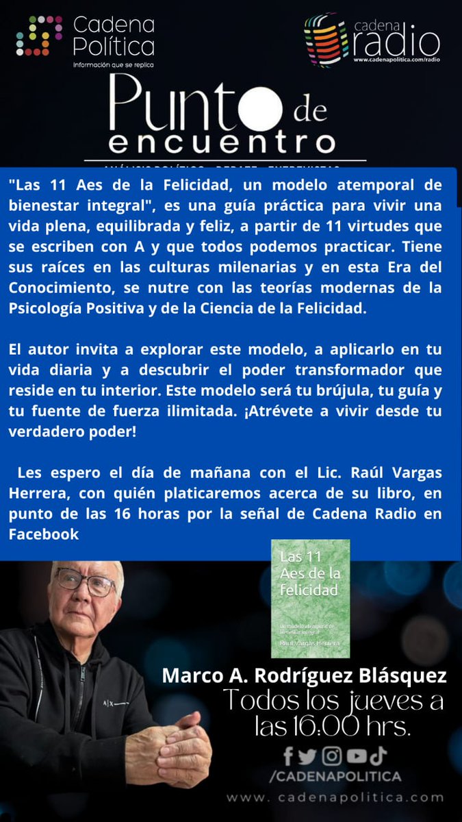 raoulvargas's tweet photo. Agradezco a Marco Rodríguez Blásquez su invitación para platicar hoy sobre mi libro y reflexionar sobre el mal de nuestro tiempo: la infelicidad. https://t.co/a0qCzUtAm3