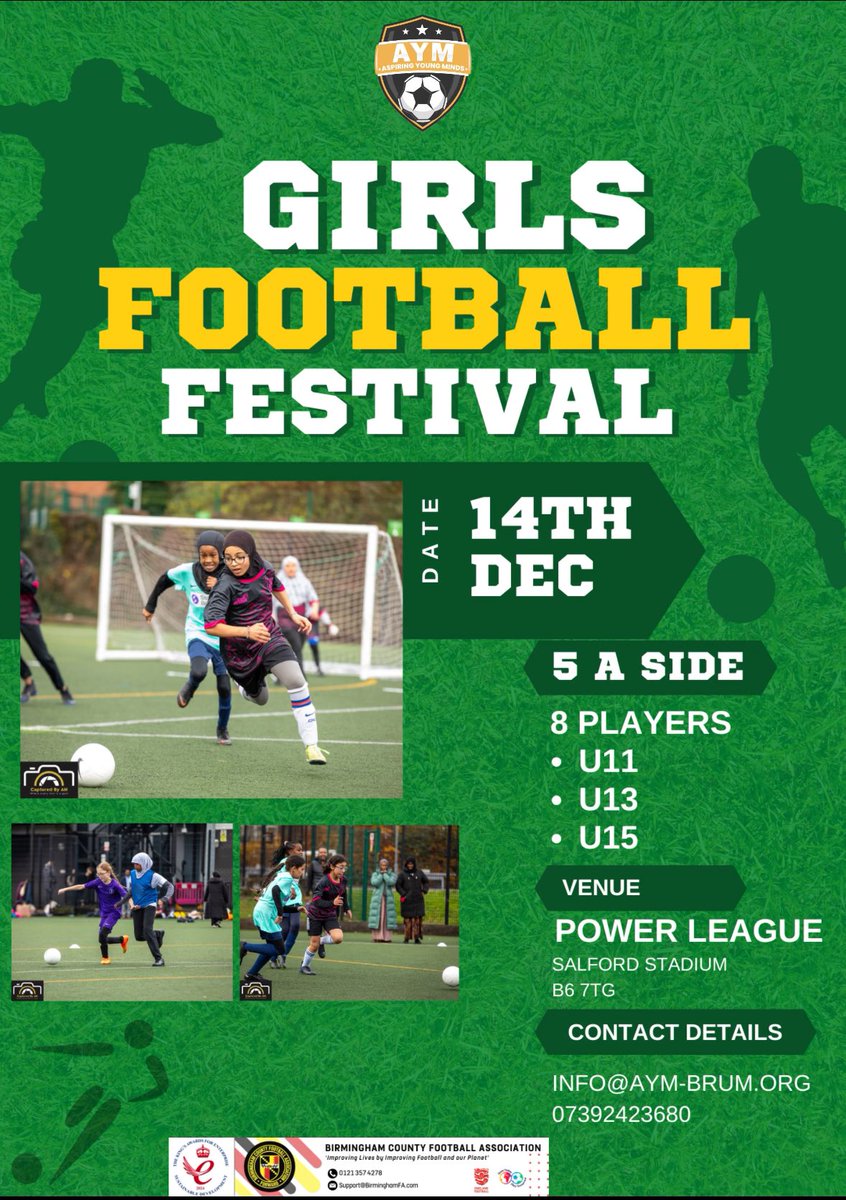 🌟⚽ Calling all young female footballers! ⚽🌟
Join us for the Girls Football Festival on 14th December at Power League, Salford Stadium! 
📩 Register now: info@aym-brum.org | 📞 07392 423680
Let’s celebrate the future of football! 🏆 <a href="/BirminghamFA/">Birmingham County FA</a> <a href="/Lionesses/">Lionesses</a>