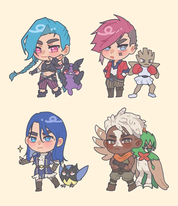 arcane chibi bbies x their pokemon ! :> another inch check bc i rlly want these to be cute standee charms so shares r appreciated ! will design more charas if theres enough interest… >< 