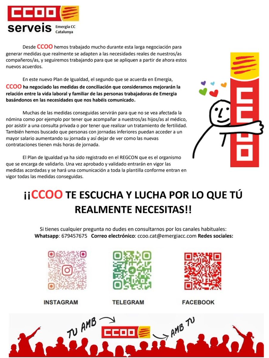Alcanzado acuerdo de Plan de Igualdad en el que se han conseguido unas grandes mejoras gracias a las medidas de conciliación pactadas. Estas medidas entrarán en vigor una vez sea validado por el  REGCON #LuchamosPorVosotros #CCOOEmergiaCatalunya #JuntosSomosMásFuertes