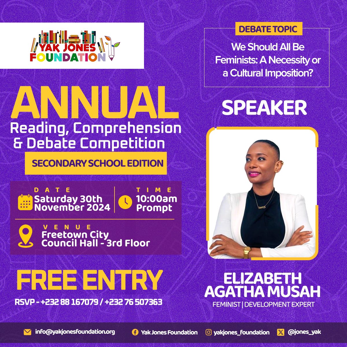 Yak Jones Foundation (@jones_yak) on Twitter photo Join us this Saturday, 30th November 2024, at our Annual Reading, Comprehension, and Debate Competition.
Meet our inspiring speakers;
<a href="/e_lizgatha/">Elizabeth Agatha Mousah</a> - Feminist & Development Expert
Elizabeth is committed to advancing gender equality and sustainable development across Africa. Her Join us this Saturday, 30th November 2024, at our Annual Reading, Comprehension, and Debate Competition.
Meet our inspiring speakers;
<a href="/e_lizgatha/">Elizabeth Agatha Mousah</a> - Feminist & Development Expert
Elizabeth is committed to advancing gender equality and sustainable development across Africa. Her