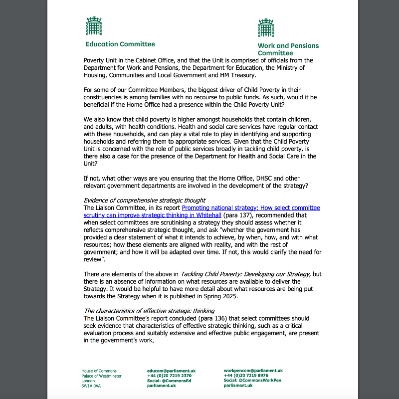 CommonsEd's tweet photo. Working with @CommonsWorkPen, we're calling on Government to provide answers on the work of its Child Poverty Taskforce.

The taskforce aims to address root causes of child poverty. Read our letter to those working on this key issue 👇