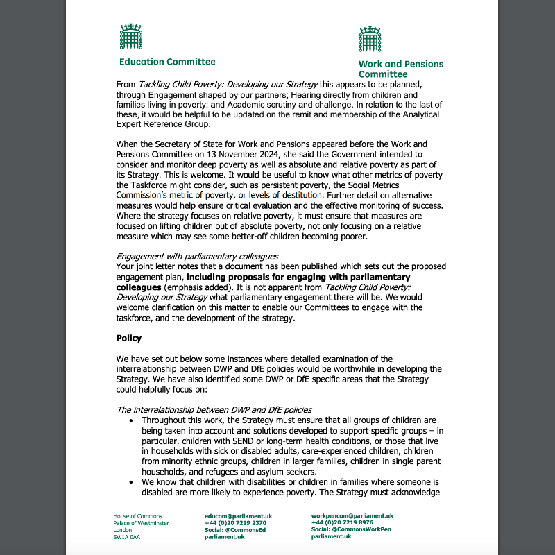 CommonsEd's tweet photo. Working with @CommonsWorkPen, we're calling on Government to provide answers on the work of its Child Poverty Taskforce.

The taskforce aims to address root causes of child poverty. Read our letter to those working on this key issue 👇