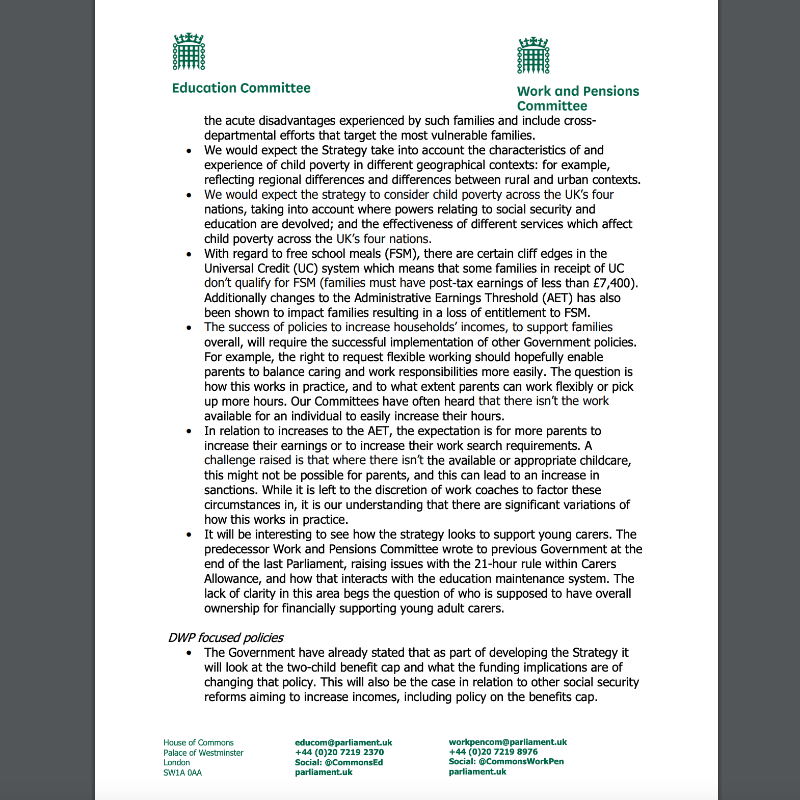 CommonsEd's tweet photo. Working with @CommonsWorkPen, we're calling on Government to provide answers on the work of its Child Poverty Taskforce.

The taskforce aims to address root causes of child poverty. Read our letter to those working on this key issue 👇