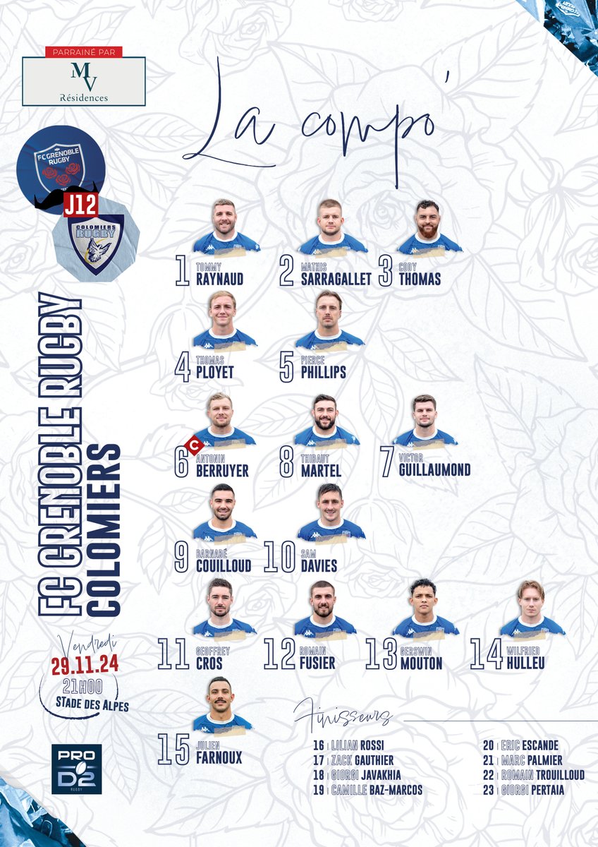 🔴🔵 La compo’ du FCG pour la réception de Colomiers

👉 Une très belle nouvelle : après sa blessure survenue lors de la demi-finale à Aix la saison passée, et après 6 mois de travail acharné, c’est le retour de Romain Trouilloud sur les terrains et la feuille de match ! Bon