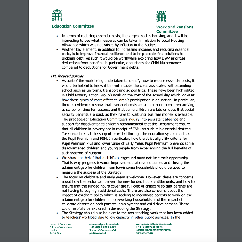 CommonsEd's tweet photo. Working with @CommonsWorkPen, we're calling on Government to provide answers on the work of its Child Poverty Taskforce.

The taskforce aims to address root causes of child poverty. Read our letter to those working on this key issue 👇