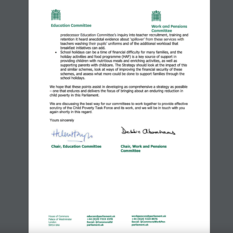 CommonsEd's tweet photo. Working with @CommonsWorkPen, we're calling on Government to provide answers on the work of its Child Poverty Taskforce.

The taskforce aims to address root causes of child poverty. Read our letter to those working on this key issue 👇