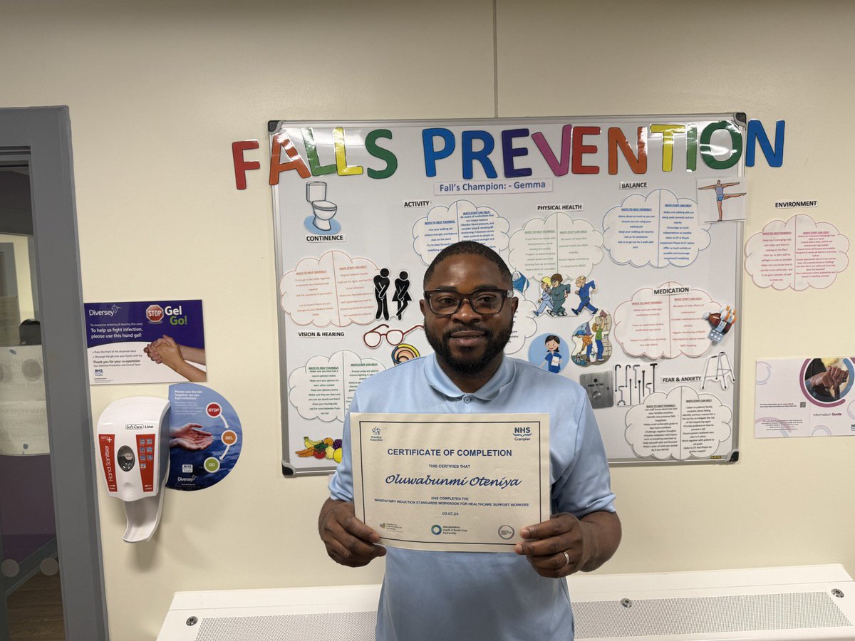 Congratulations to Oluwabunmi Phillip Oteniya for completing his Mandatory Induction Standards Workbook. Phillip works in Muick Ward, Royal Cornhill Hospital, which is Older Adult Mental Health. Thanks for everything you do Phillip <a href="/NHSGrampian/">NHS Grampian</a> <a href="/NES_hcsw/">NES_hcsw</a> 👏🏻👏🏻🎉🎉