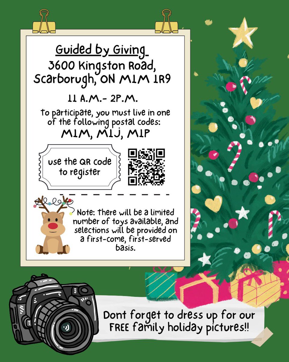🎄 Join us this holiday season! 🎁

The Good Guides presents Guided by Giving – a special event filled with holiday gifts and family holiday photos! 🧸📸

📅 Date: Saturday, December 14th, 2024
📍 Location: 3600 Kingston Road, Scarborough, ON, M1M 1R9
🕚 Time: 11 A.M. - 2 P.M.