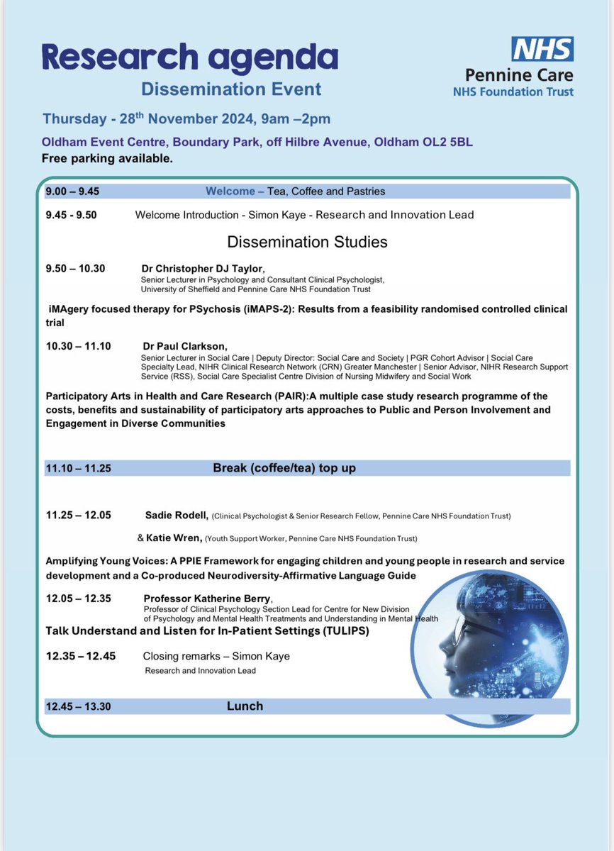 chrisdjtaylor's tweet photo. Great to present about @NIHRresearch funded #iMAPS-2 trial at today’s @PennineCareNHS Research Dissemination event with Prof @kberry76, Dr Sadie Rodell, Katie Wren and Dr Paul Clarkson. Thanks to @MadeByMortals, @simonkaye3 and all at @Penninecareres1 @AntHassallNHS https://t.co/rEPwn2K4CT
