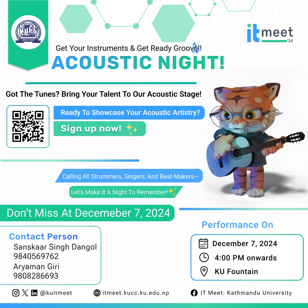 kuitmeet's tweet photo. Let the Music Speak! Join us for an unforgettable Acoustic Night at IT Meet 2024! Sign up now and let’s create magical memories together! Let’s make music, memories, and magic!
#AcousticNight #LiveMusic #ITMeet2024 #itmeet #kathmanduuniversity https://t.co/TGHh3TIMMr