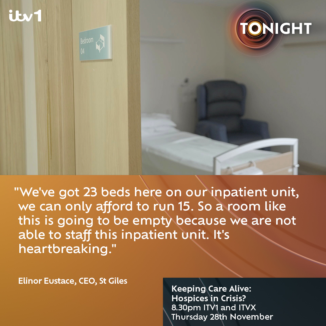 Watch NOW on <a href="/ITV/">ITV</a> - <a href="/DanielHewittITV/">Daniel Hewitt</a> visits St Giles hospice, where his mum was cared for ten years ago, and learns that the crucial care they provide is in jeopardy as costs rapidly rise.

Watch Keeping Care Alive: Hospices in Crisis?  at 8.30pm on ITV1 then on <a href="/ITVX/">ITVX</a>